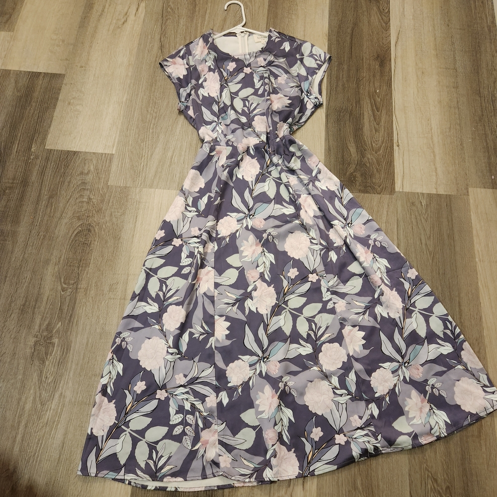 Böhme Floral Midi Dress Women's Medium Purple Pink Short Sleeve Smocked Waist - Picture 14 of 14